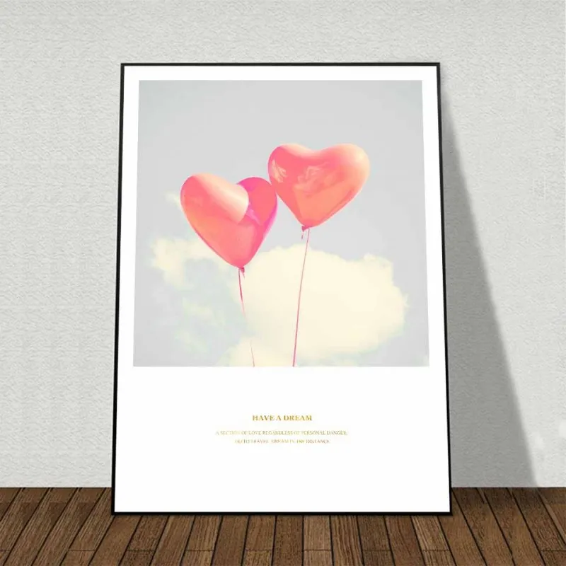 Tranh canvas Scandinavian mèo, bóng bay trái tim, cô gái cầm hoa và chữ You and Me