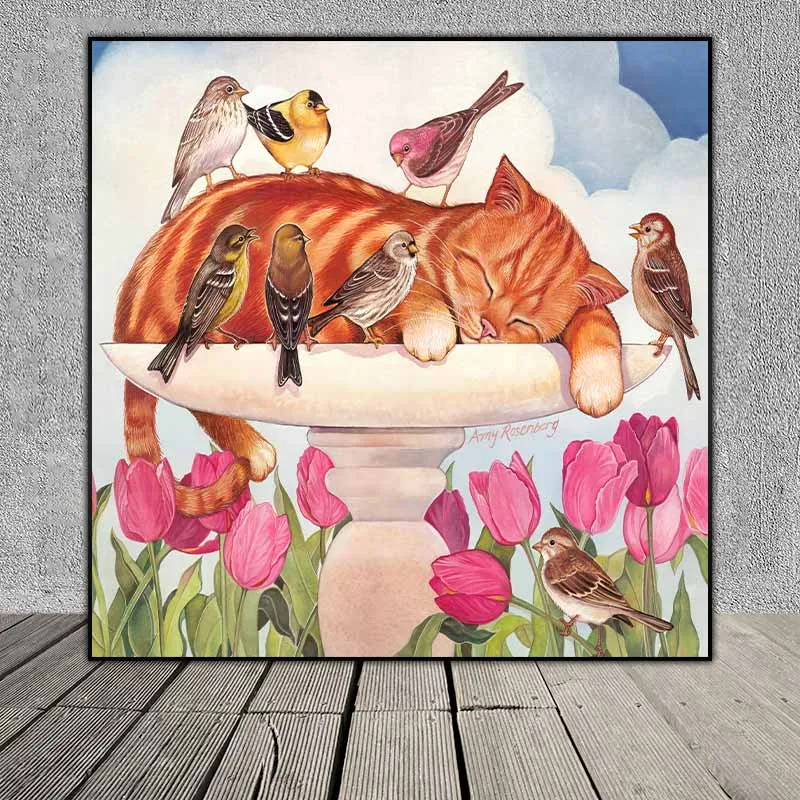 Tranh mèo và đàn chim treo phòng cho bé