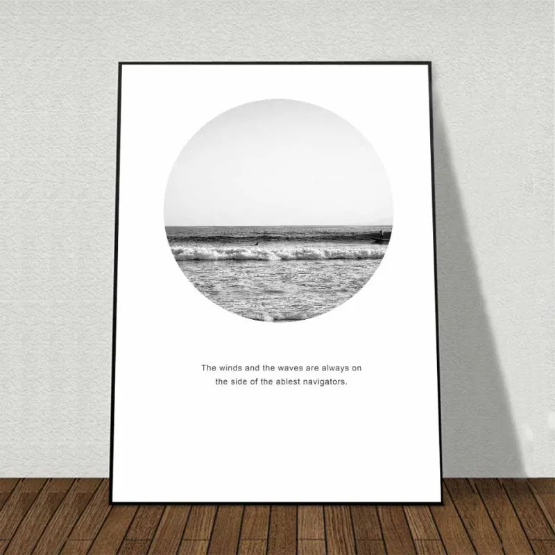 Tranh canvas phong cảnh Scandinavian biển và lá dừa kết hợp với chữ collect moments, not things