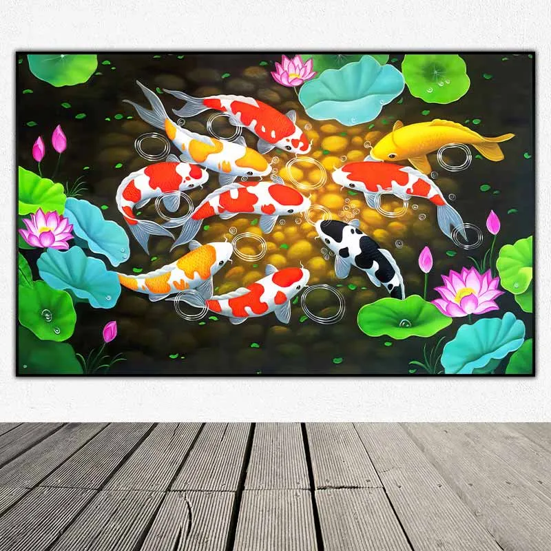 Tranh phong thủy 9 con cá chép, cửu ngư quần hội và hoa sen