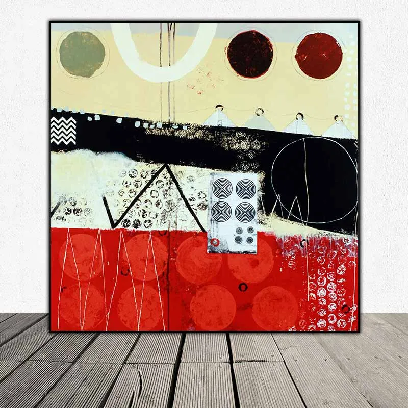 Tranh trừu tượng các khối hình học với tồng màu đỏ chủ đạo