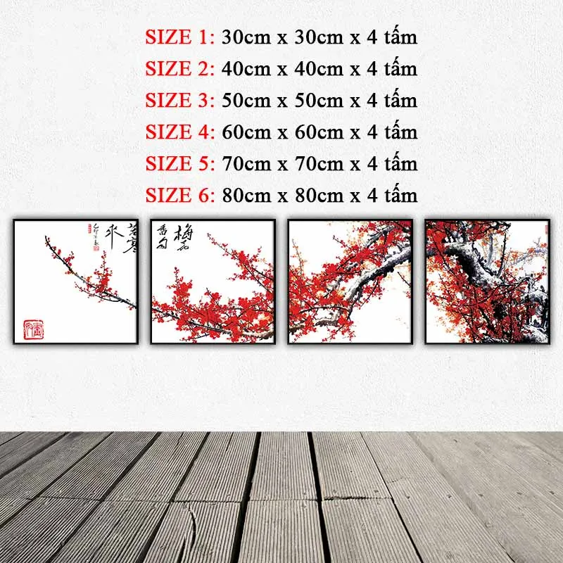 Tranh cành hoa Anh đào đỏ theo phong cách thủy mặc