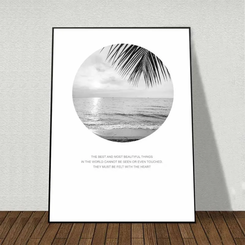 Tranh canvas phong cảnh Scandinavian biển và lá dừa kết hợp với chữ collect moments, not things