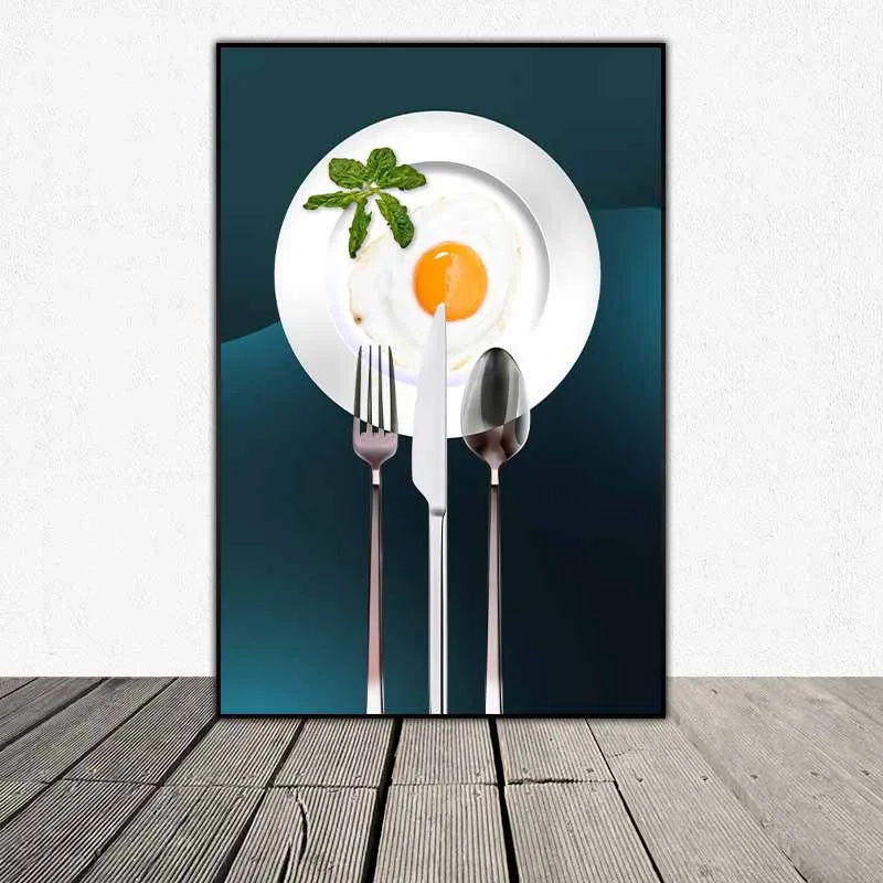 Tranh trang trí hiện đại ly nước cam đĩa trứng ốp la và quả táo xanh