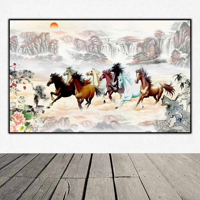 Tranh bát mã tám con ngựa mã đáo thành công trên nền núi đồi