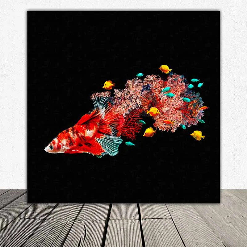 Tranh cá phướng, cá xiêm, cá đá, cá chọi, cá beta trừu tượng có đuôi là những rạn san hô và những và đàn cá nhỏ