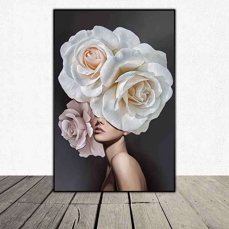 Tranh chân dung cô gái và hoa hồng lớn che khuôn mặt