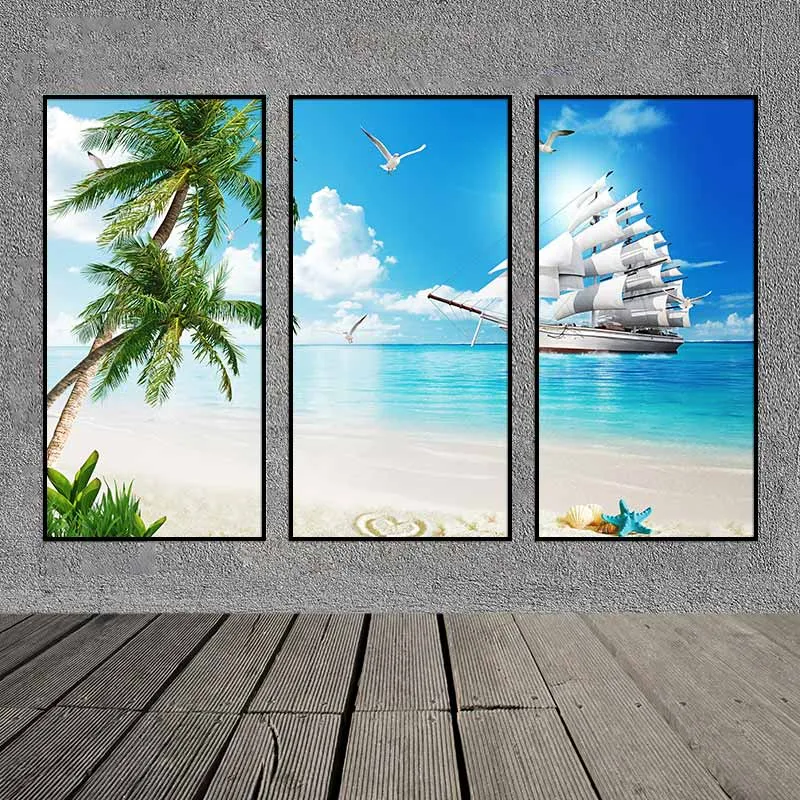 Tranh phong thủy thuận buồm xuôi gió, tranh thuyền buồm và vỏ ốc trên bãi cát