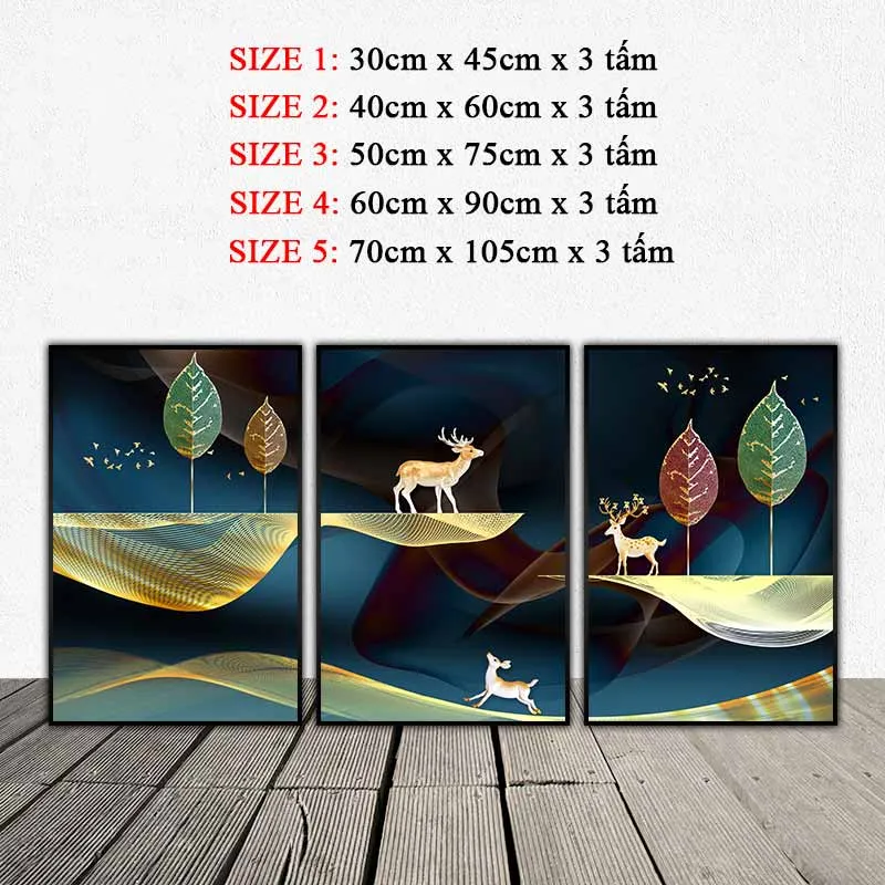 Tranh canvas đàn nai, đàn chim, lá cây và đồi núi trừu tượng