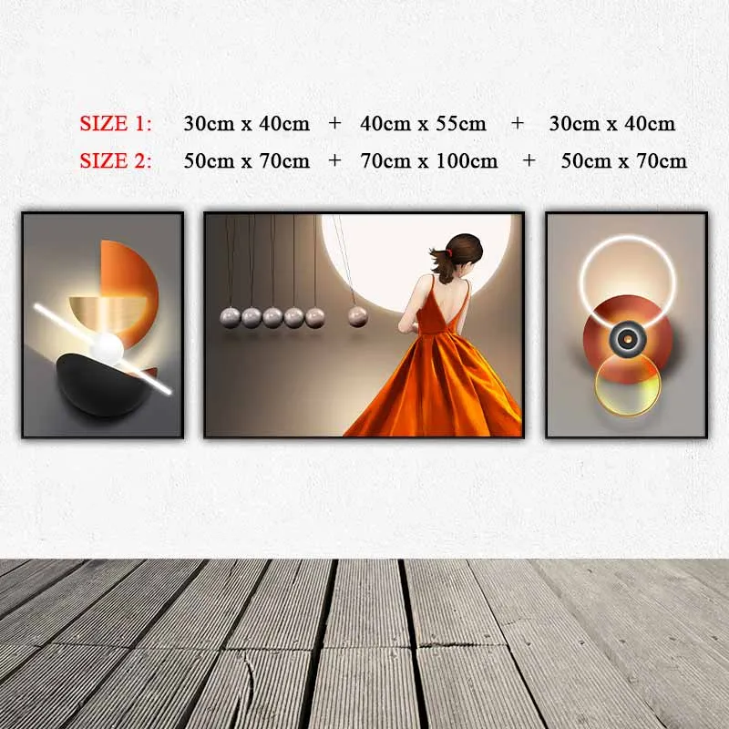 Tranh cô gái mặc váy cam và các vòng tròn trừu tượng phát sáng