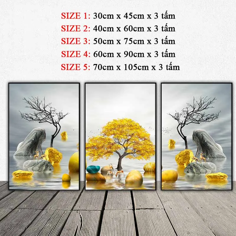 Tranh phong cảnh đàn  hươu nai đang đứng trên những tảng phong thủy trừu tượng