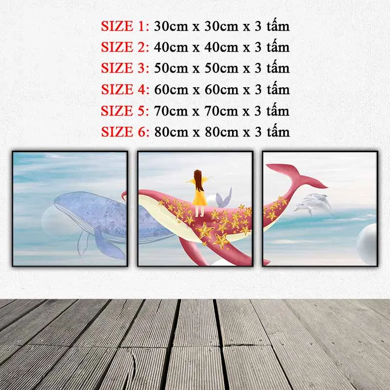 Tranh canvas thần thoại bé gái cưỡi cá voi treo phòng trẻ em