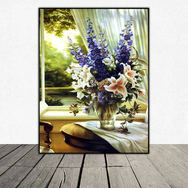 Tranh bình hoa ly, hoa mẫu đơn