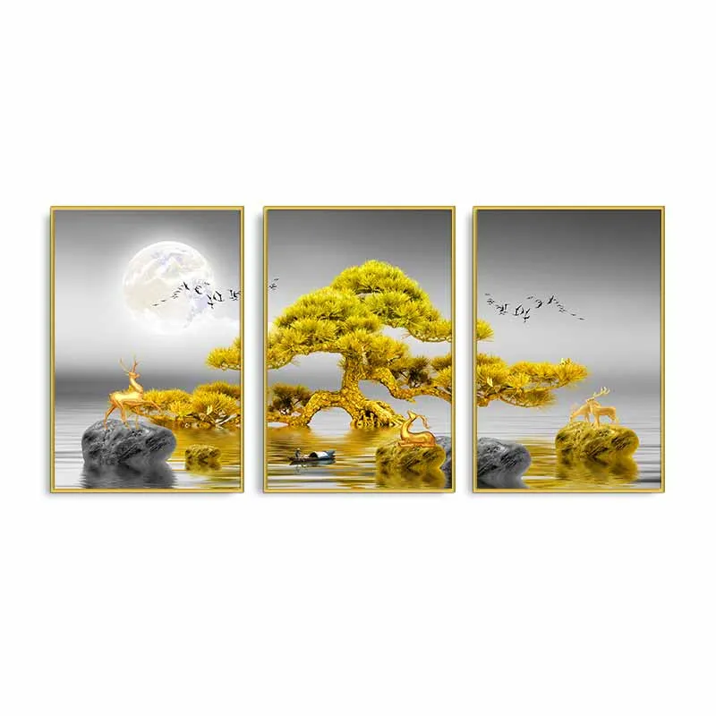 Tranh đàn nai trừu tượng đứng trên tảng đá dưới gốc cây vàng