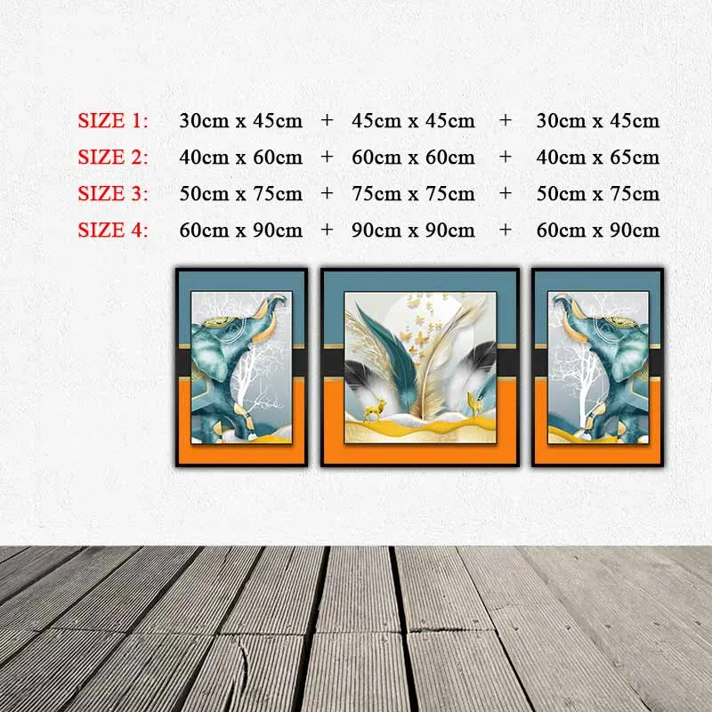 Tranh trừu tượng voi và 2 con hươu nai đứng bên cạnh những chiếc lông chim