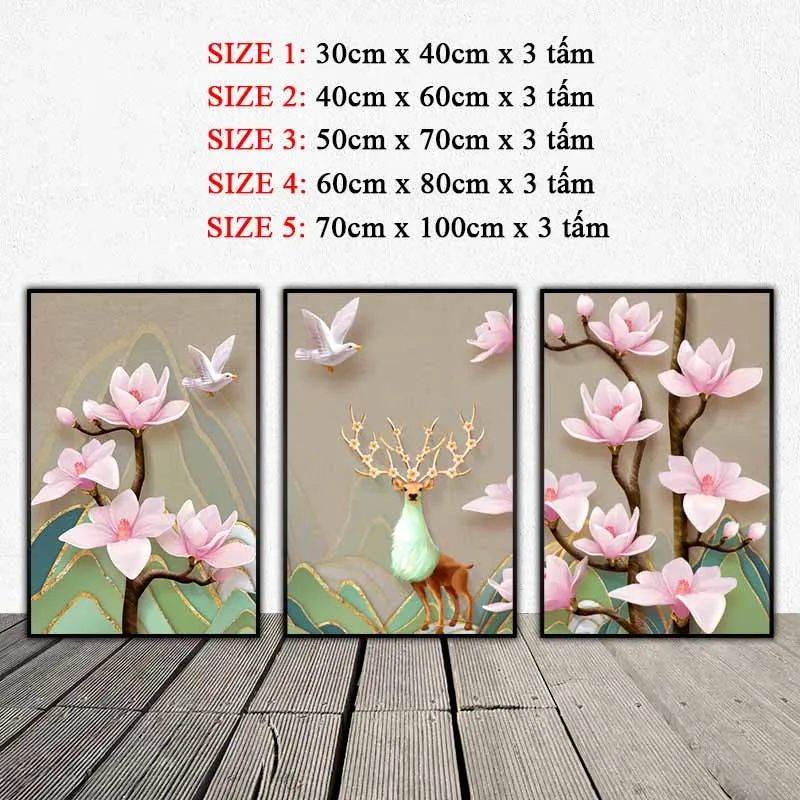 Tranh nai và hoa đào 3d