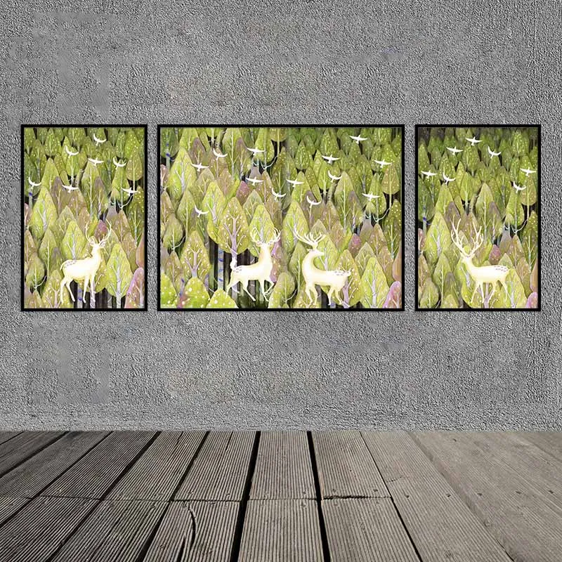 Tranh đàn nai trắng trong rừng cây trừu tượng