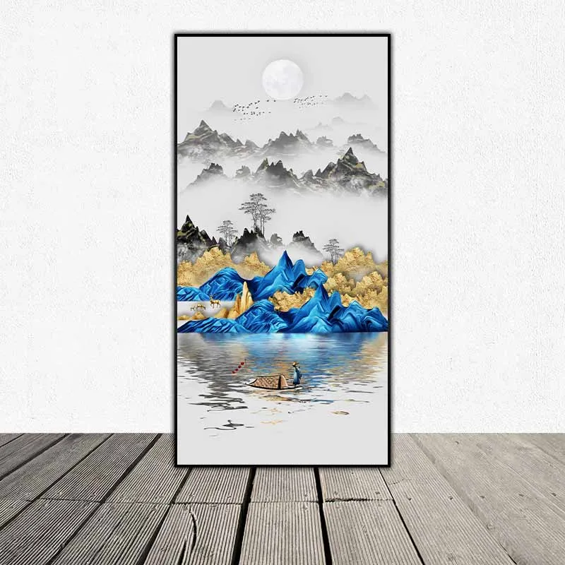 Tranh phong cảnh trừu tượng chèo thuyền trên sông đêm