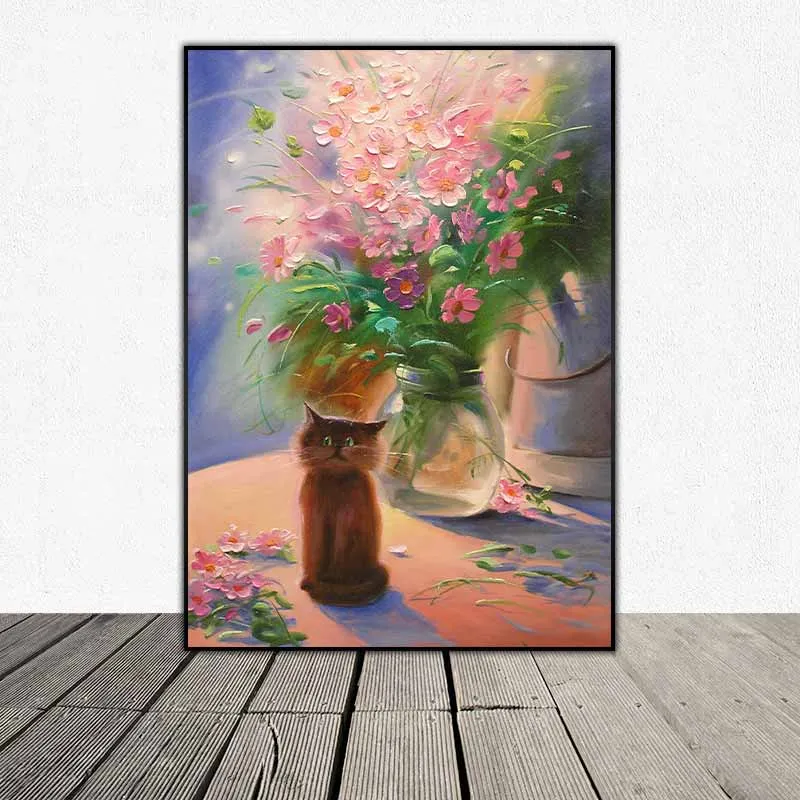 Tranh tĩnh vật hoa và mèo