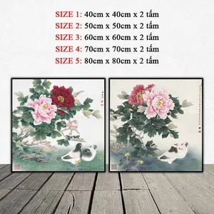 Tranh hoa mẫu đơn và đôi chim bồ câu