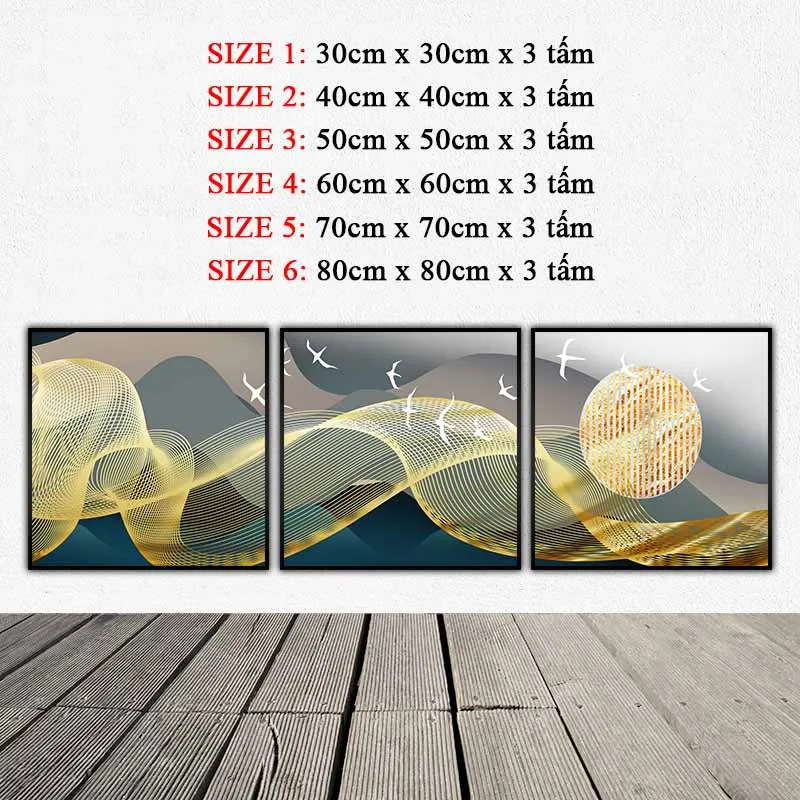 Tranh dải mây, đàn chim và mặt trời trừu tượng