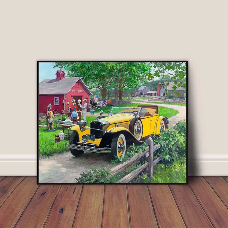 Tranh phong cảnh và những chiếc xe ô tô cổ, xe hơi cổ