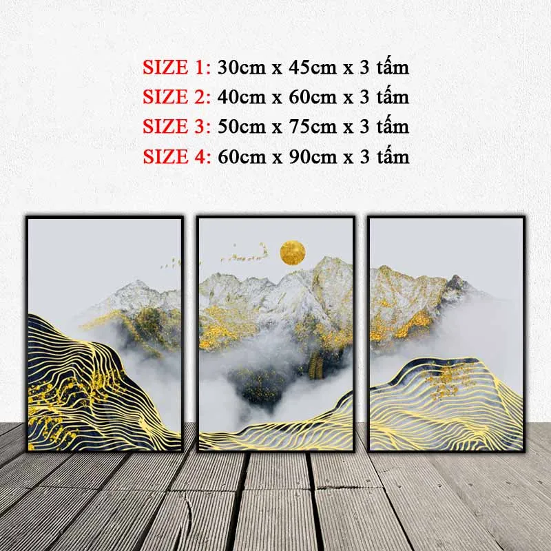 Tranh canvas phong cảnh đồi núi và đàn chim vàng trừu tượng