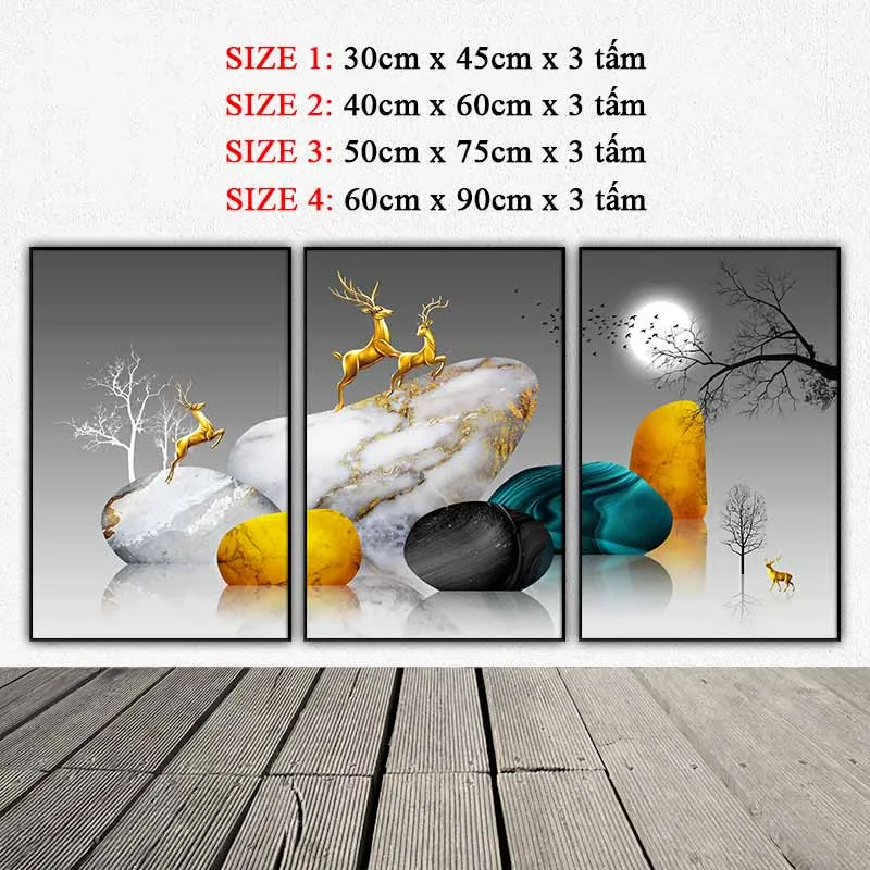 Tranh trừu tượng đàn nai vàng đang chạy nhảy trên những tảng đá phong thủy