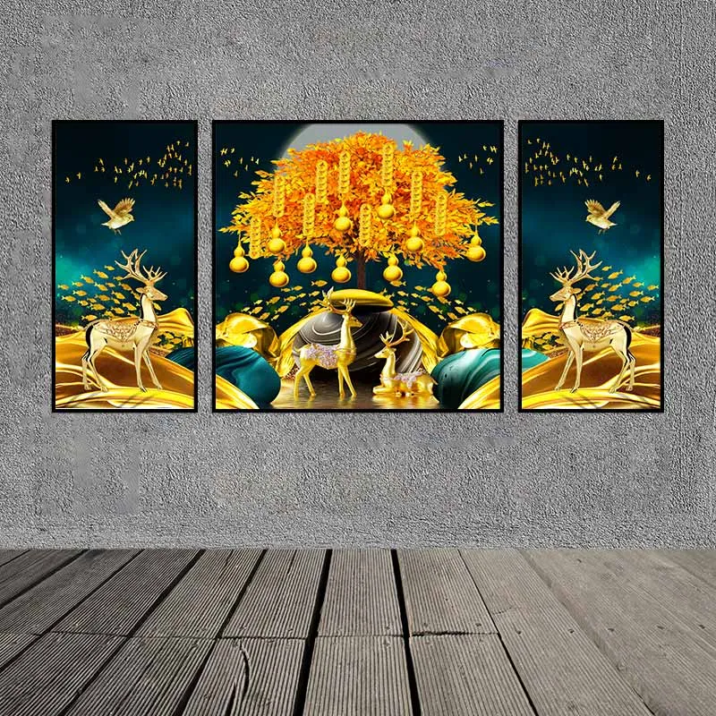 Tranh tài lộc đàn nai, cây tiền vàng những quả hồ lô