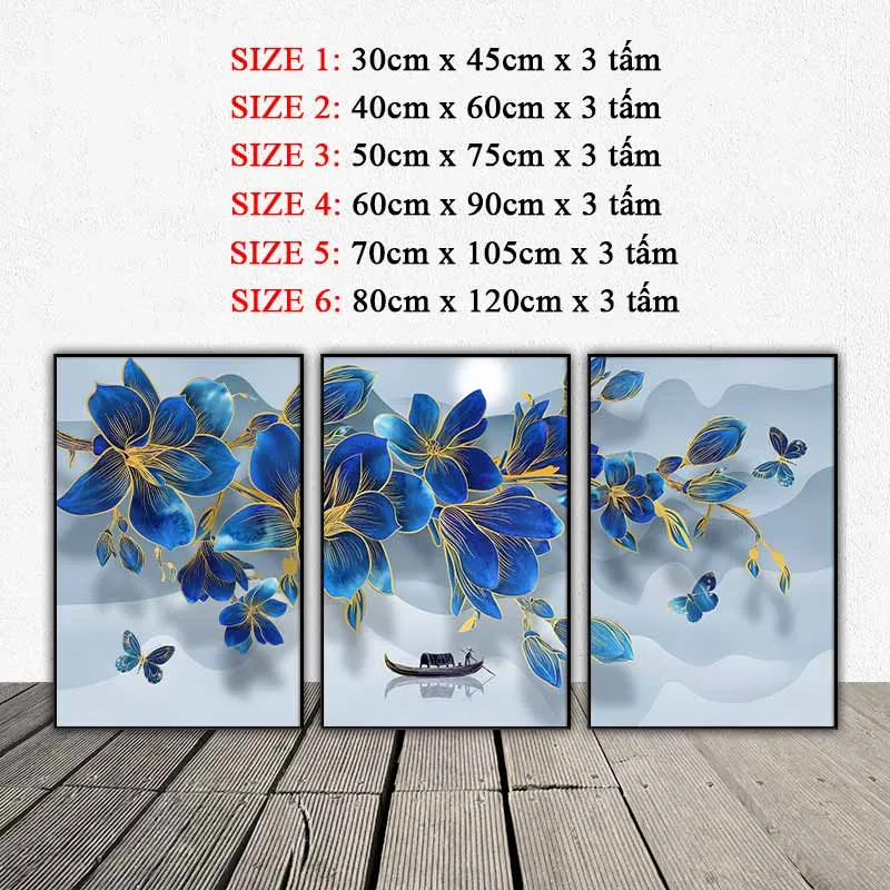 Tranh cành hoa màu xanh và người chèo đò