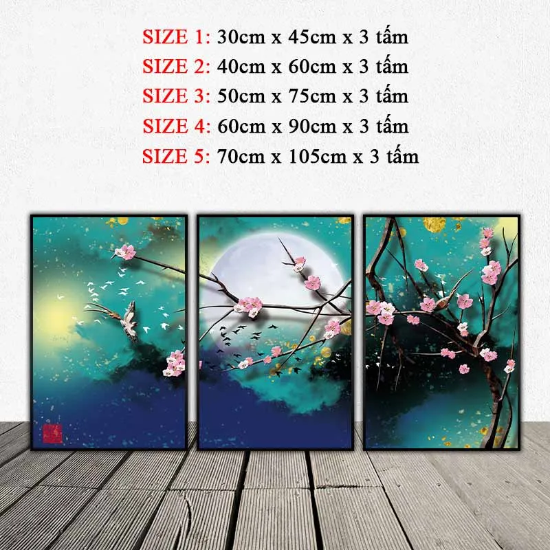 Tranh canvas phong cảnh hoa đào và chim dưới trăng