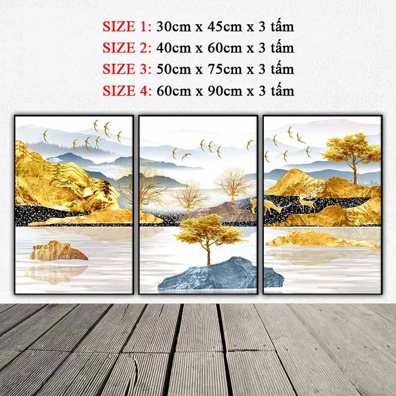 Tranh phong cảnh mặt hồ phẳng lặng, đồi núi màu vàng trừu tượng cùng với cây lá vàng