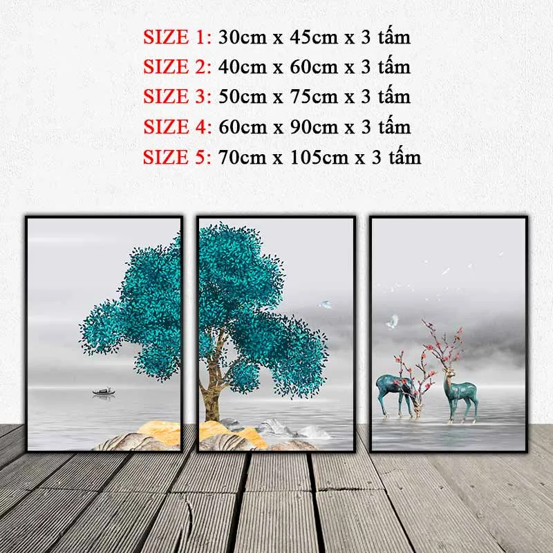 Tranh canvas phong cảnh hồ nước, con thuyền, cây xanh và đàn nail trừu tượng