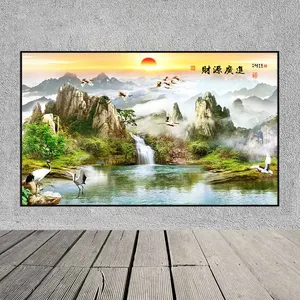 Tranh sơn thủy và đàn chim sếu đầu đỏ Nhật Bản