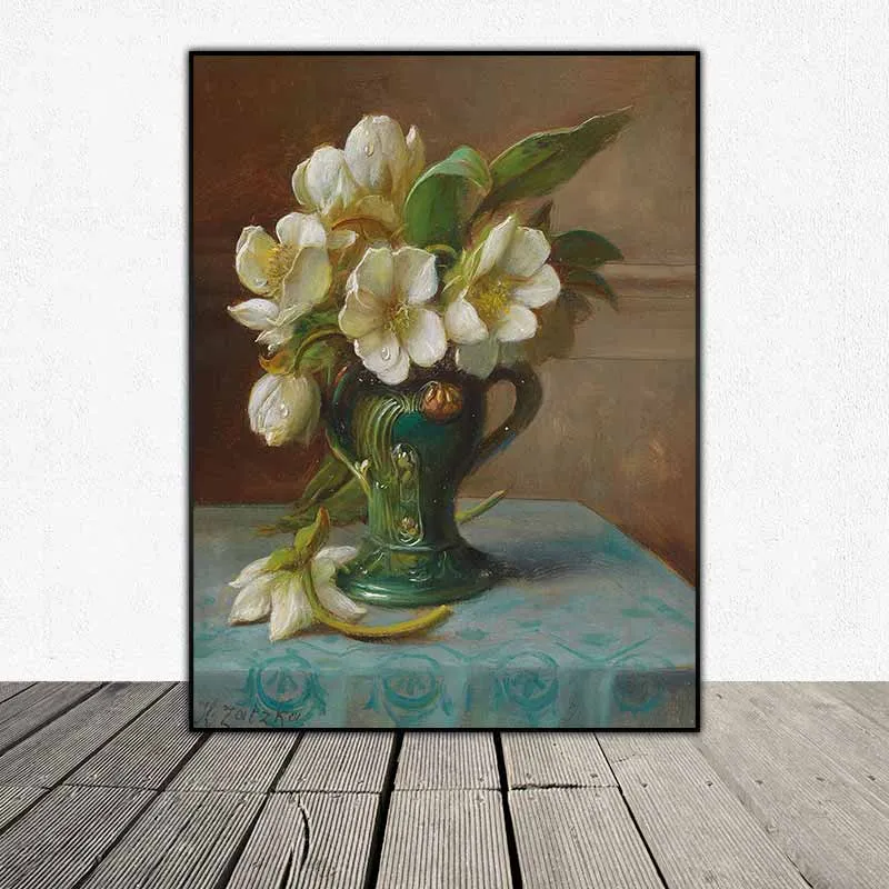 Tranh canvas tĩnh vật bình hoa trà trắng