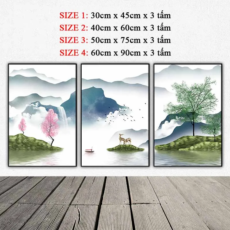 Tranh phong cảnh núi đồi hồ nước và hươu nai trừu tượng