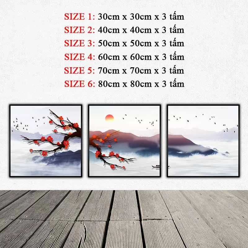 Tranh canvas phong cảnh con thuyền trên dòng sông và cây đào hoa đỏ