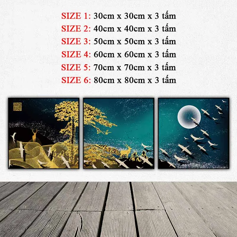 Tranh canvas trừu tượng nai, cây vàng, đàn chim cò dưới trăng
