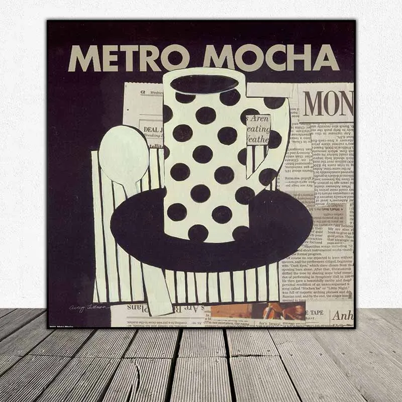 Tranh báo cắt dán treo quán cà phê, tranh ly coffee hoa văn chấm bi