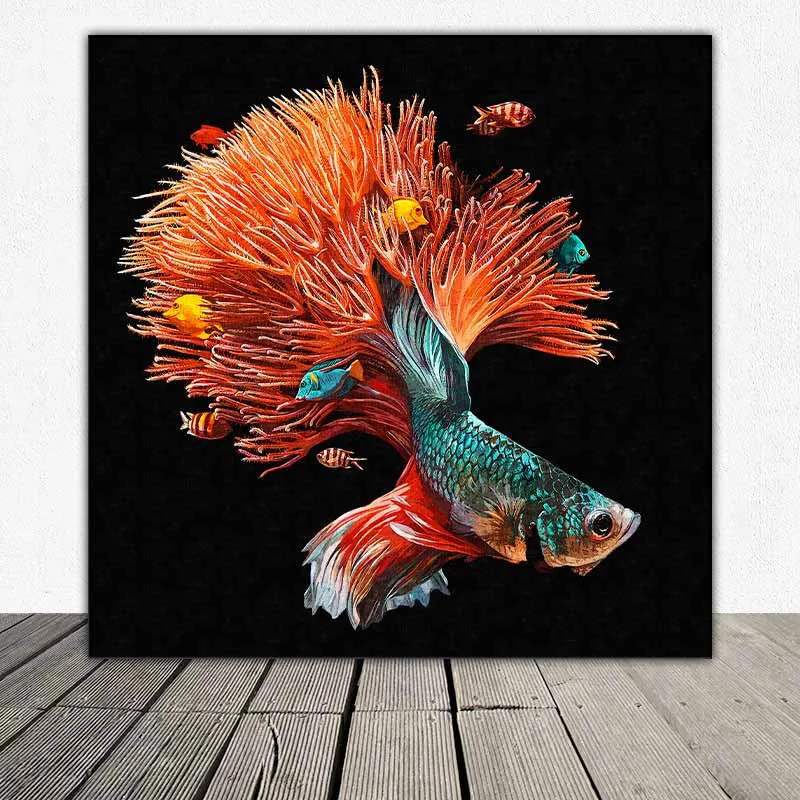 Tranh cá phướng, cá xiêm, cá đá, cá chọi, cá beta trừu tượng có đuôi là những rạn san hô và những và đàn cá nhỏ