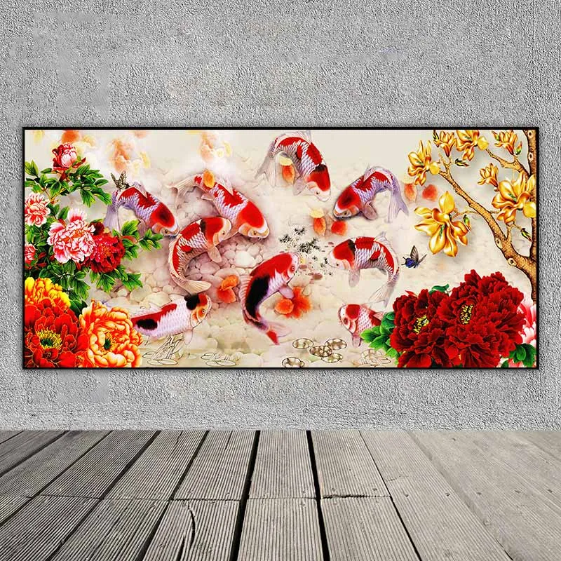 Tranh cửu ngư quần thực, 9 con cá chép và hoa mẫu đơn