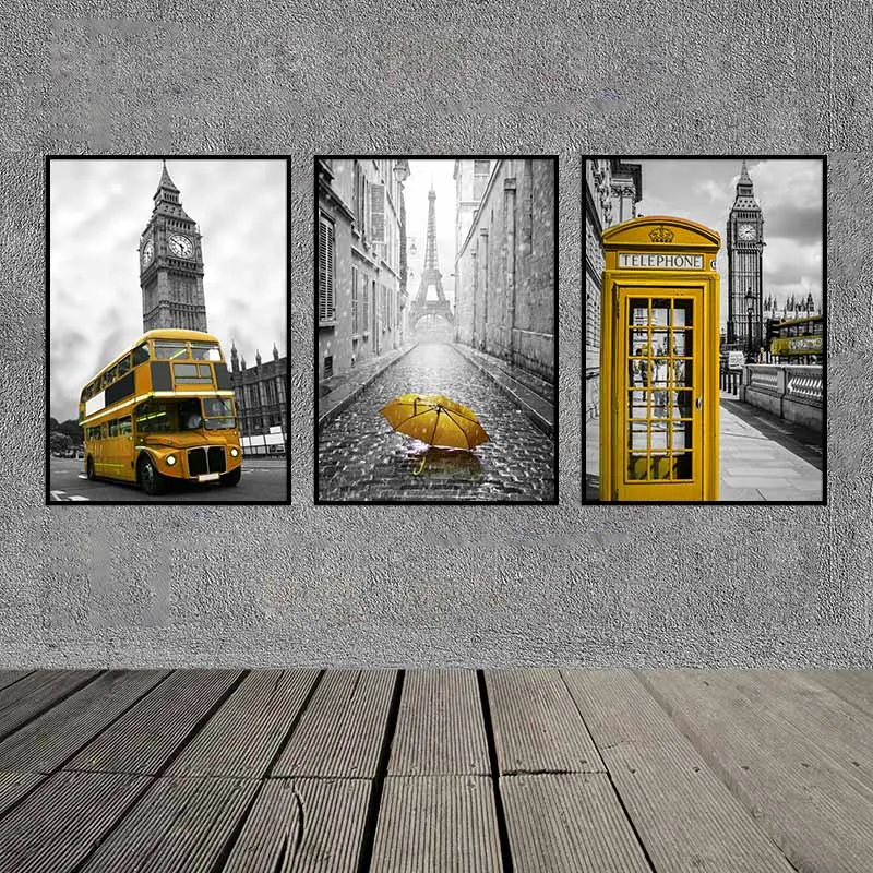 Tranh Scadinavia xe bus trên thành phố London và chiếc ô dù vàng tại tháp Eiffel