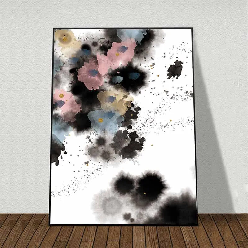 Tranh trừu tượng các vết mực loang màu đen, hồng, vàng xanh