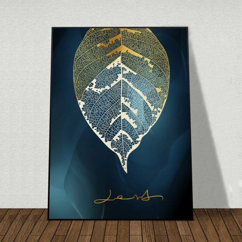 Tranh gân lá cây màu vàng gold trừu tượng