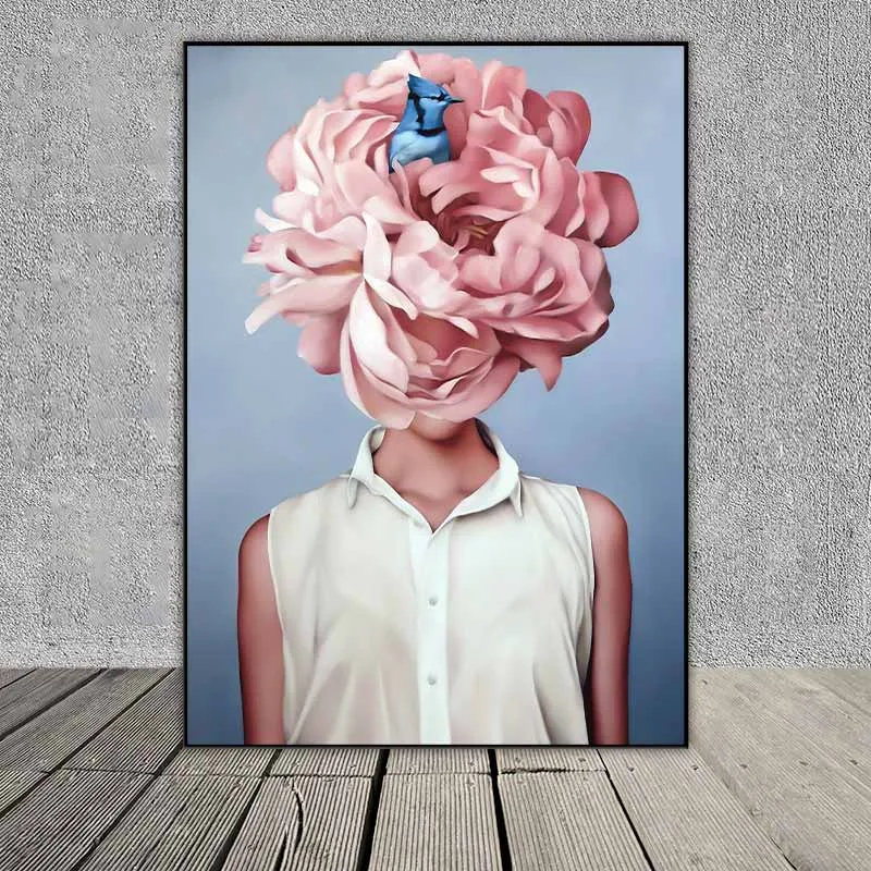 Tranh chân dung cô gái với hoa mẫu đơn và chim màu xanh