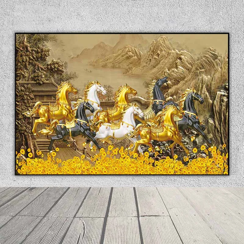 Tranh phong thủy mã đáo thành công, bát mã, 8 con ngựa và những đồng tiền vàng