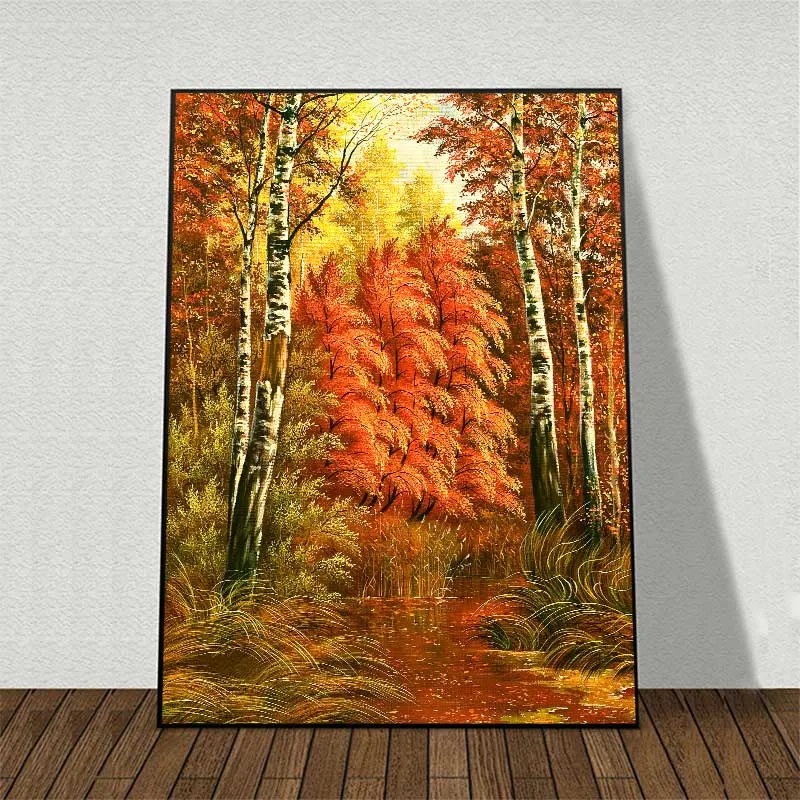 Tranh phong cảnh rừng cây lá vàng mùa thu và con thuyền đậu bên hồ nước