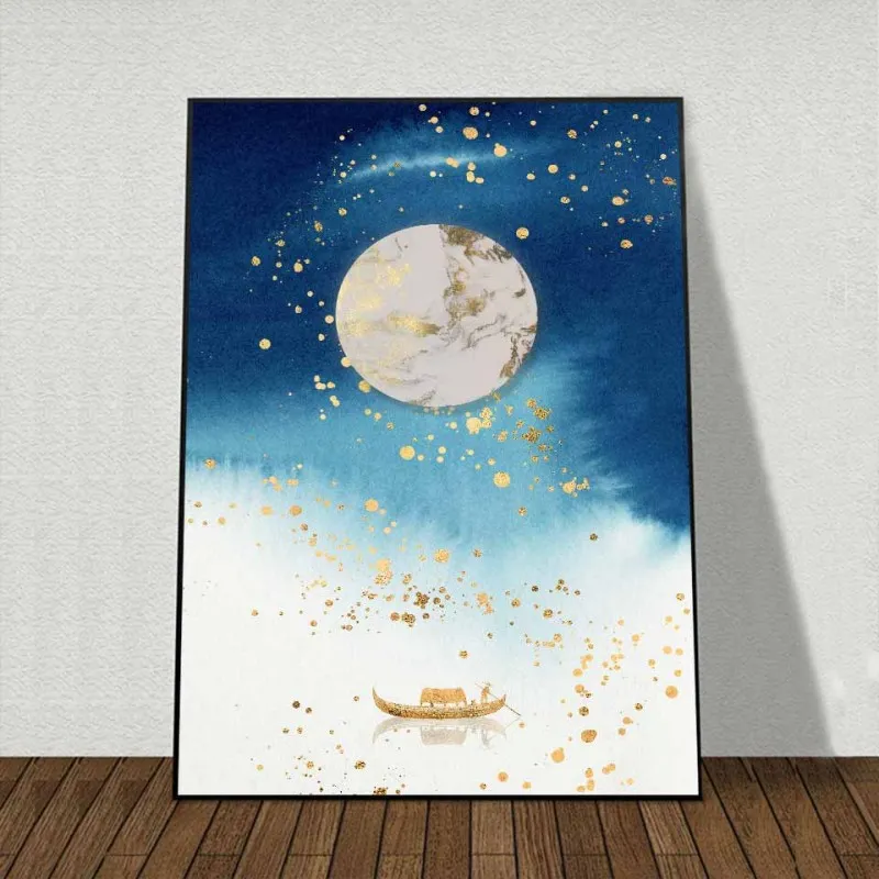 Tranh canvas đàn cá và mặt trăng trên dòng sông trừu tượng