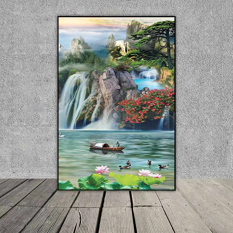 Tranh phong cảnh hồ nước, con thuyền, đàn chim hạc, và đôi thiên nga