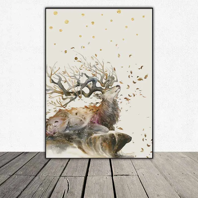 Tranh trừu tượng các khối hình học và hươu nai